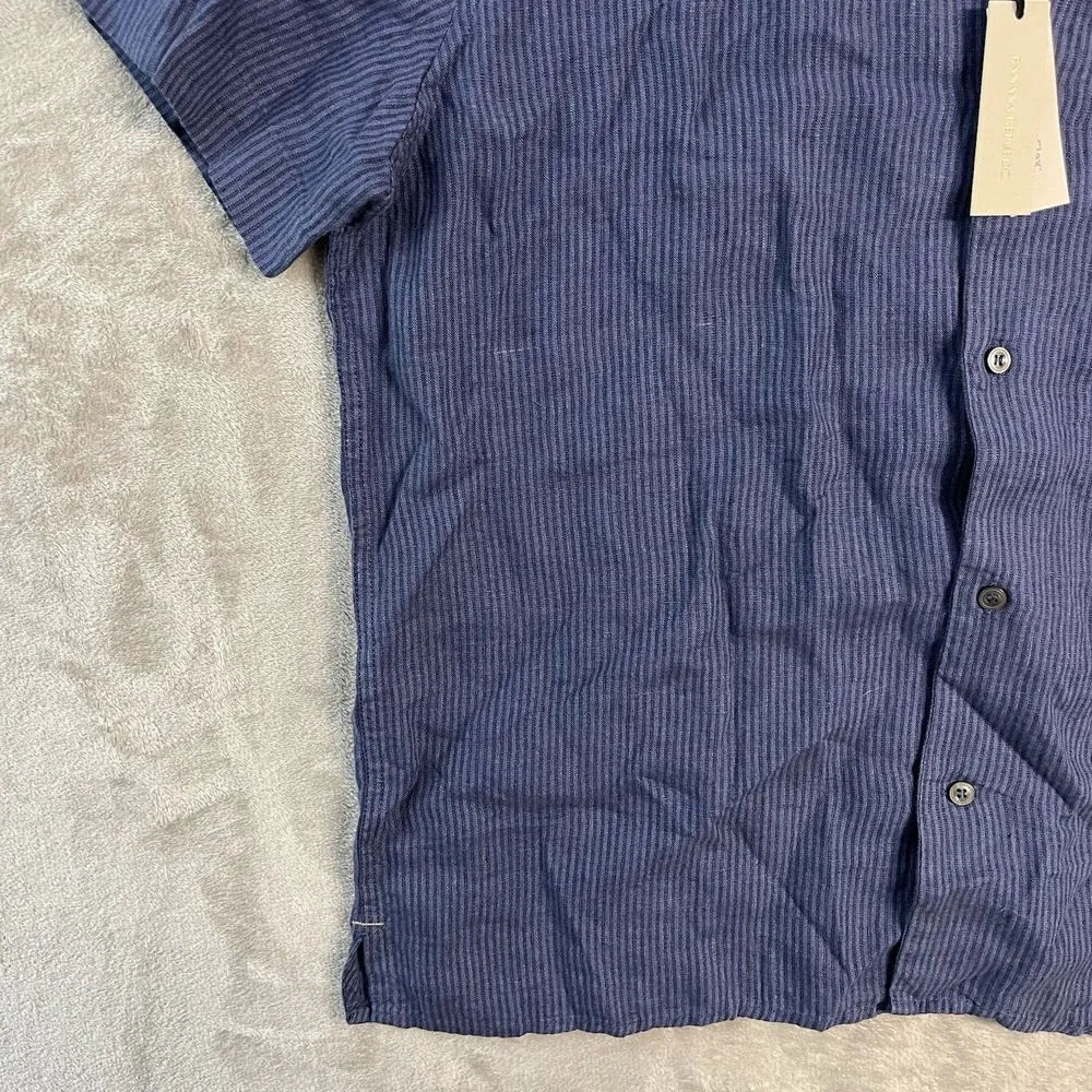 Banana Republic Standard Shirt Mens L Blue Striped 100% Linen Short Sleeve